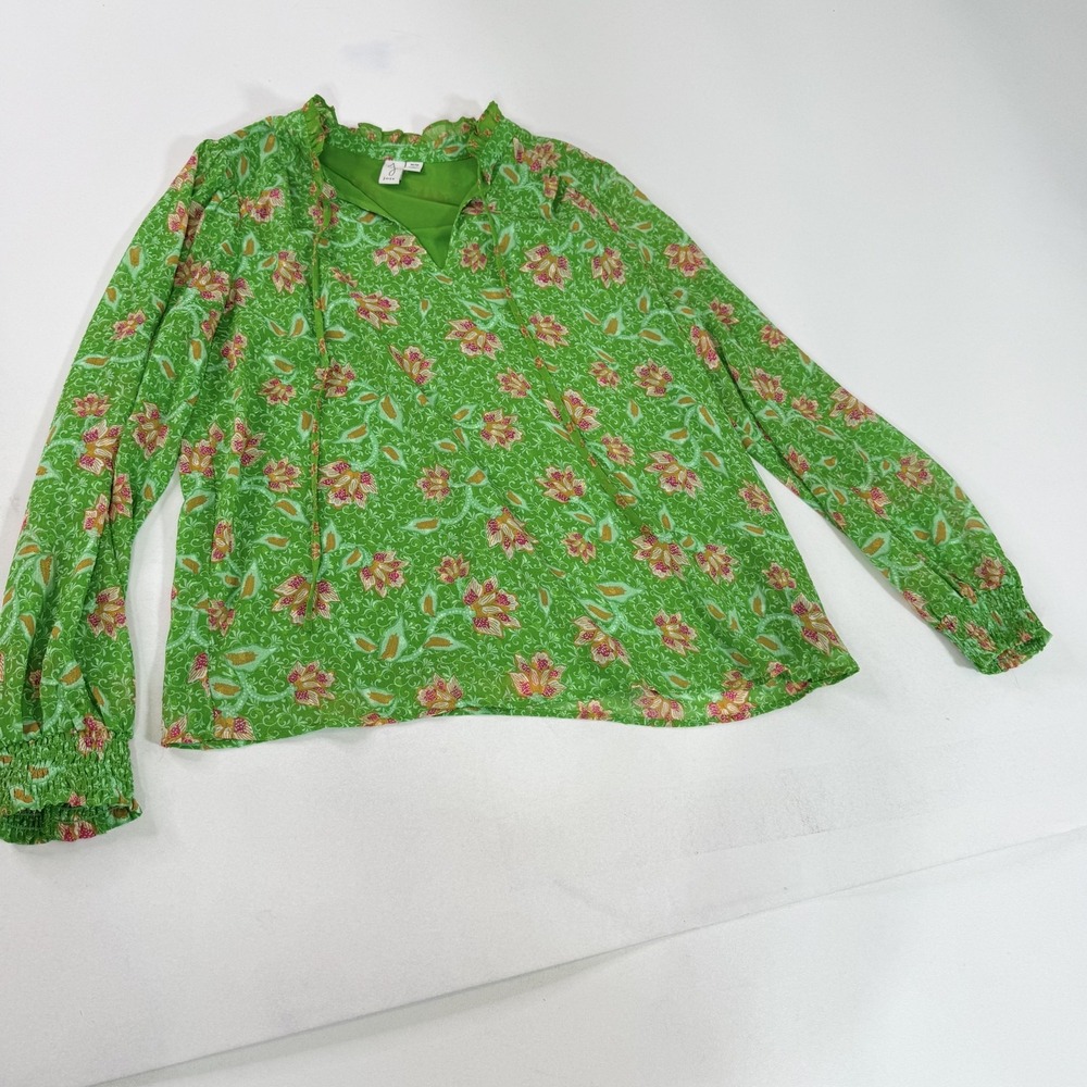 Joie Blouse Womens Medium Green Floral Ruffle V‎ Neck Long Sleeve Top Boho
